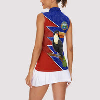 Costa Rica Toucan Women Sleeveless Polo Shirt Red and Blue with National Seal and Tropical Bird Graphic - Wonder Print Shop