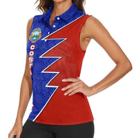 Costa Rica Toucan Women Sleeveless Polo Shirt Red and Blue with National Seal and Tropical Bird Graphic - Wonder Print Shop