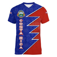 Costa Rica Toucan Women V-Neck T-Shirt Red and Blue with National Seal and Tropical Bird Graphic - Wonder Print Shop