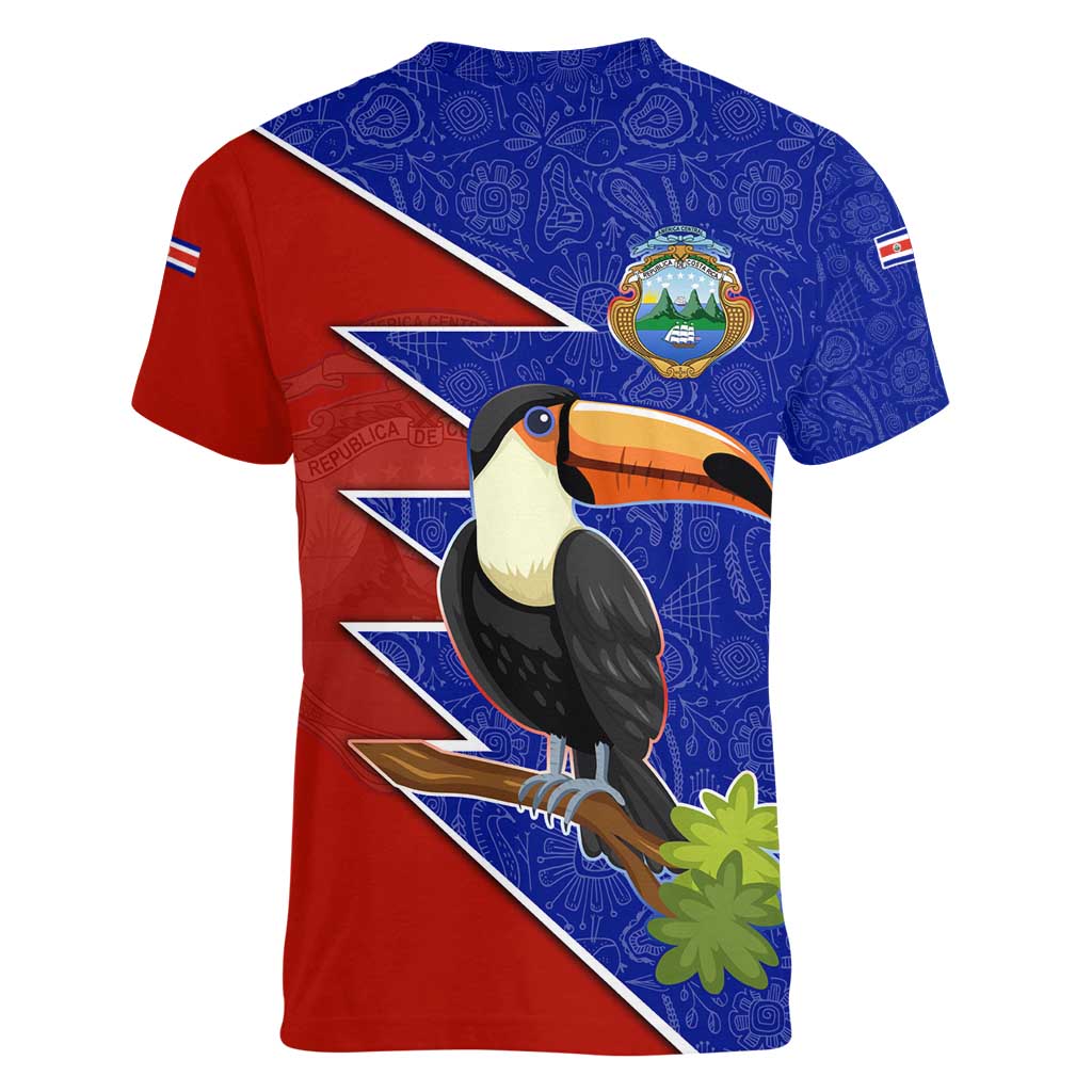 Costa Rica Toucan Women V-Neck T-Shirt Red and Blue with National Seal and Tropical Bird Graphic - Wonder Print Shop