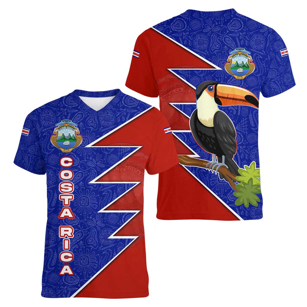 Costa Rica Toucan Women V-Neck T-Shirt Red and Blue with National Seal and Tropical Bird Graphic - Wonder Print Shop