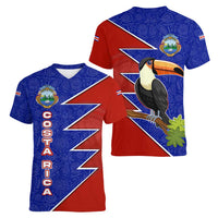 Costa Rica Toucan Women V-Neck T-Shirt Red and Blue with National Seal and Tropical Bird Graphic - Wonder Print Shop