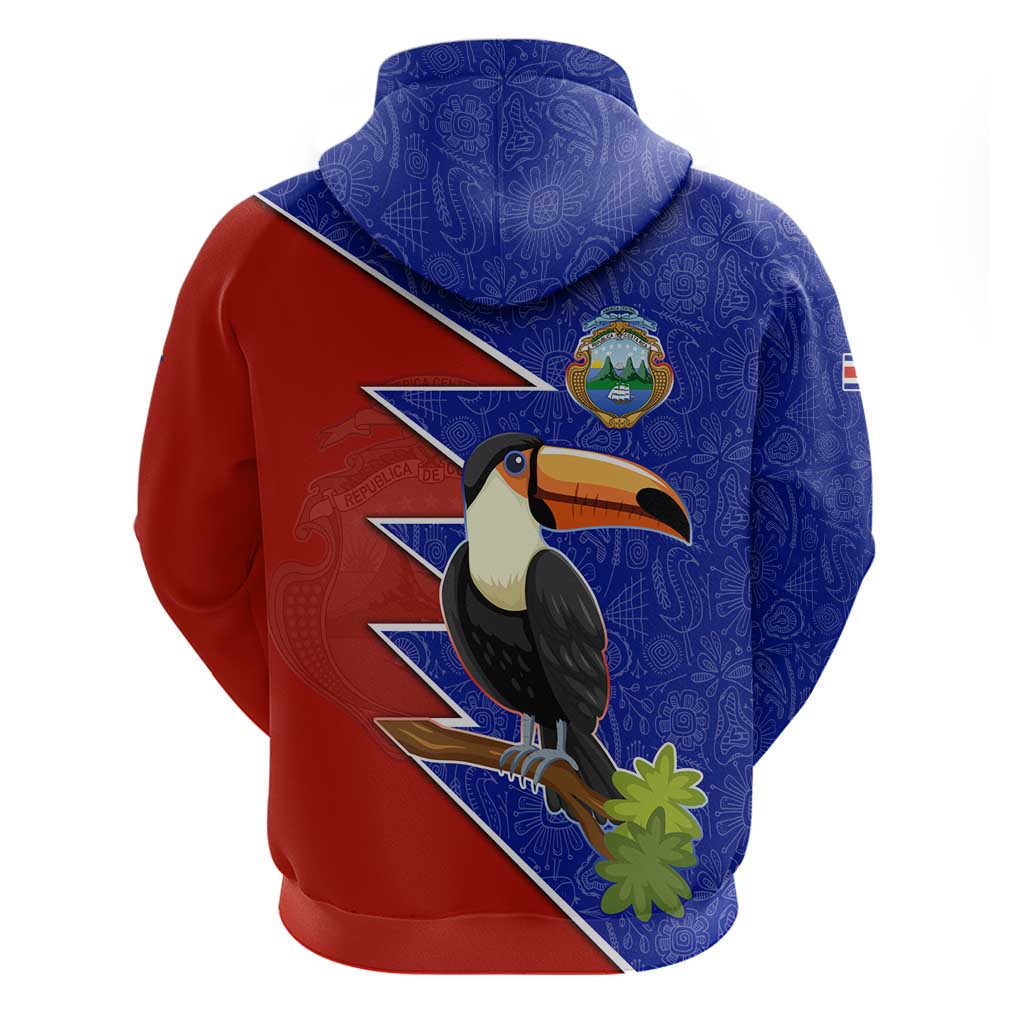 Costa Rica Toucan Zip Hoodie Red and Blue with National Seal and Tropical Bird Graphic - Wonder Print Shop