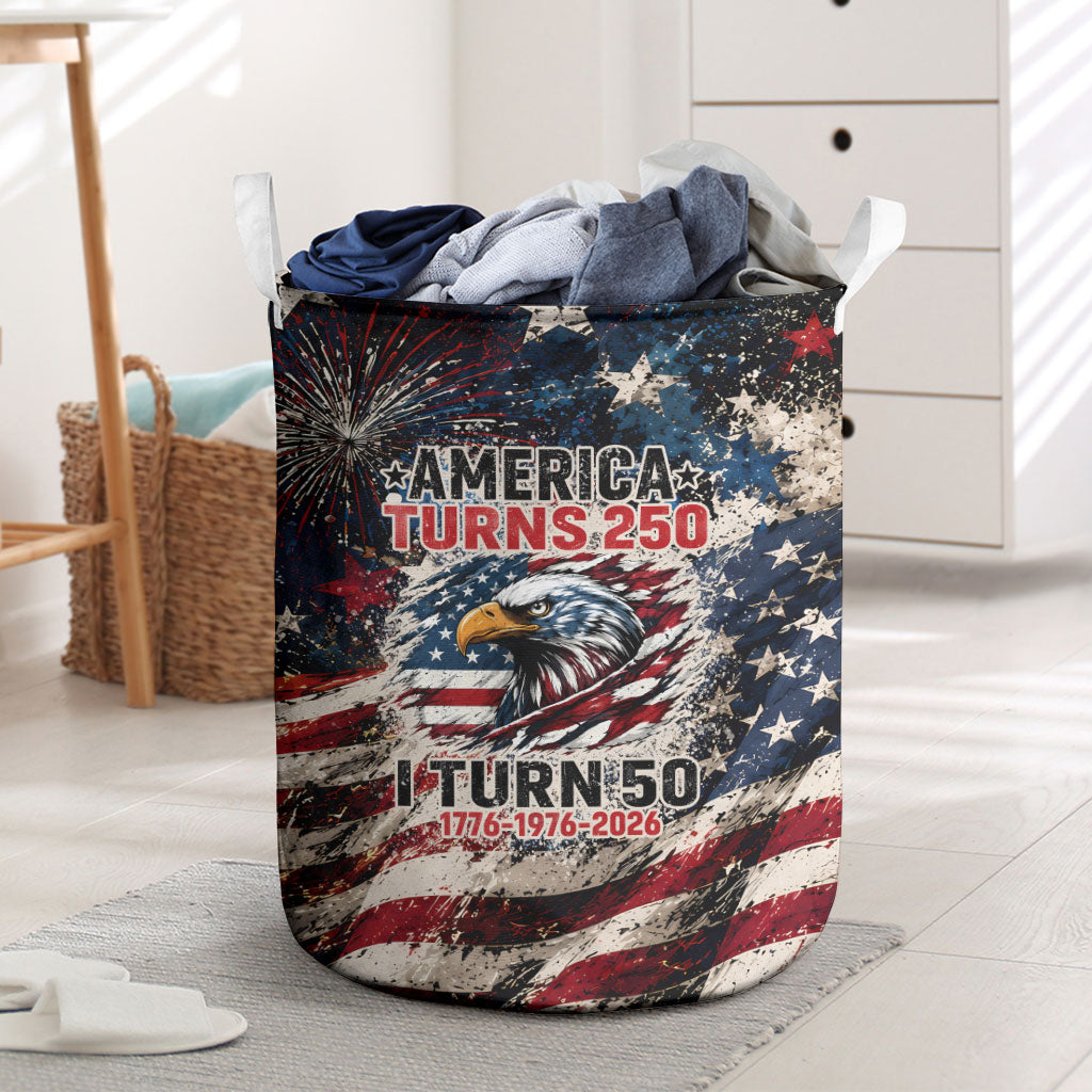 America Turns 250 Happy 50th Birthday Laundry Basket Patriotic Eagle US Flag Distressed Splatter