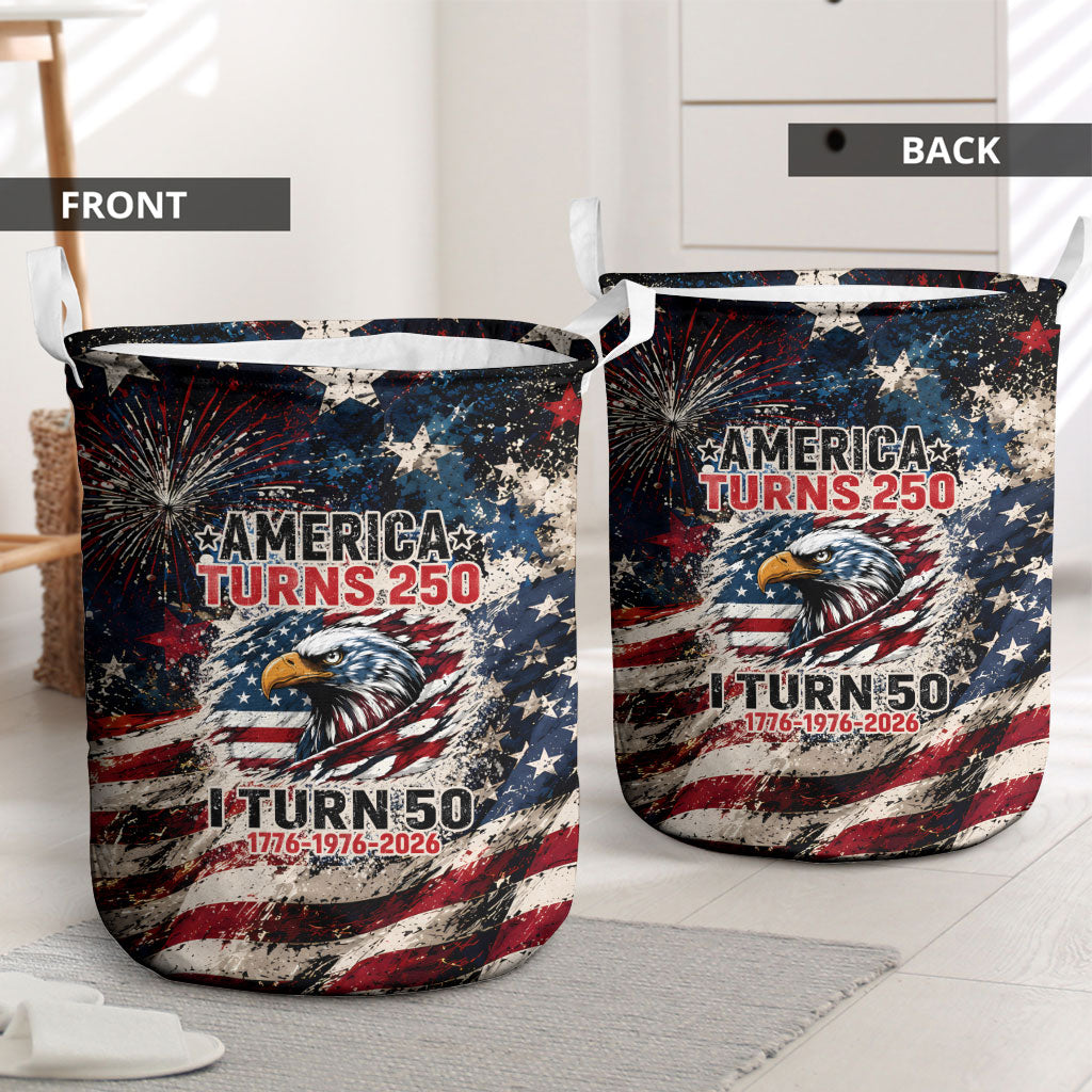 America Turns 250 Happy 50th Birthday Laundry Basket Patriotic Eagle US Flag Distressed Splatter
