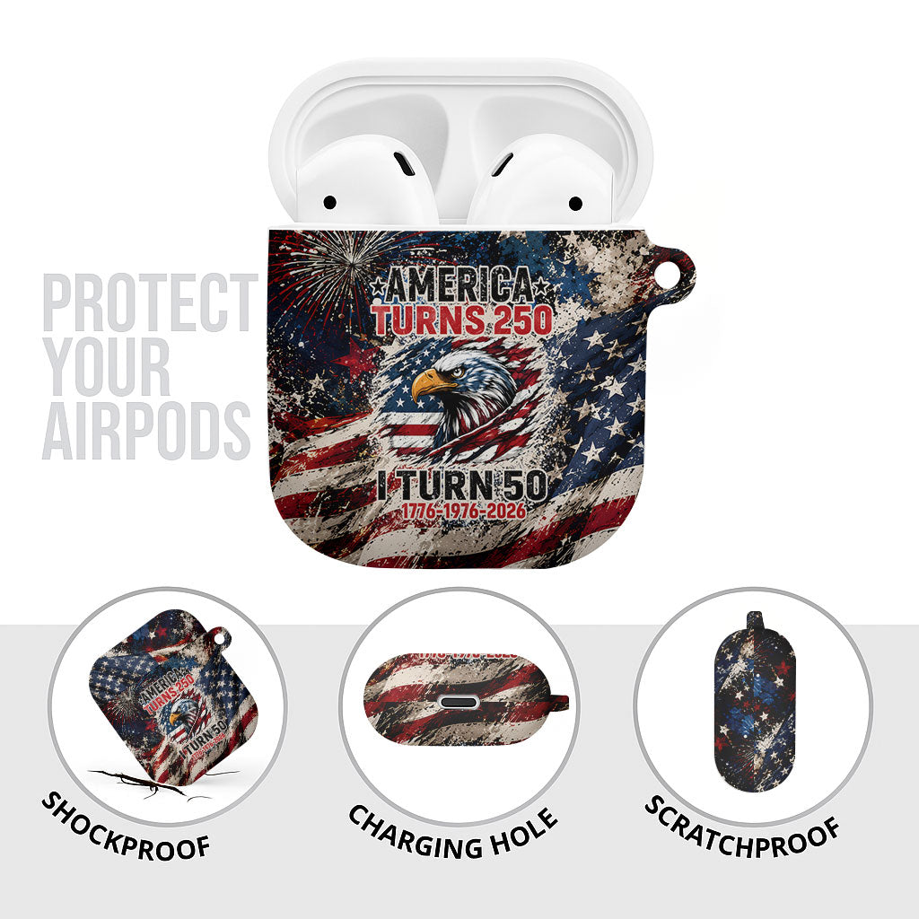 America Turns 250 Happy 50th Birthday AirPods Case Patriotic Eagle US Flag Distressed Splatter