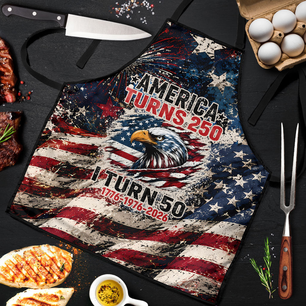 America Turns 250 Happy 50th Birthday Apron Patriotic Eagle US Flag Distressed Splatter