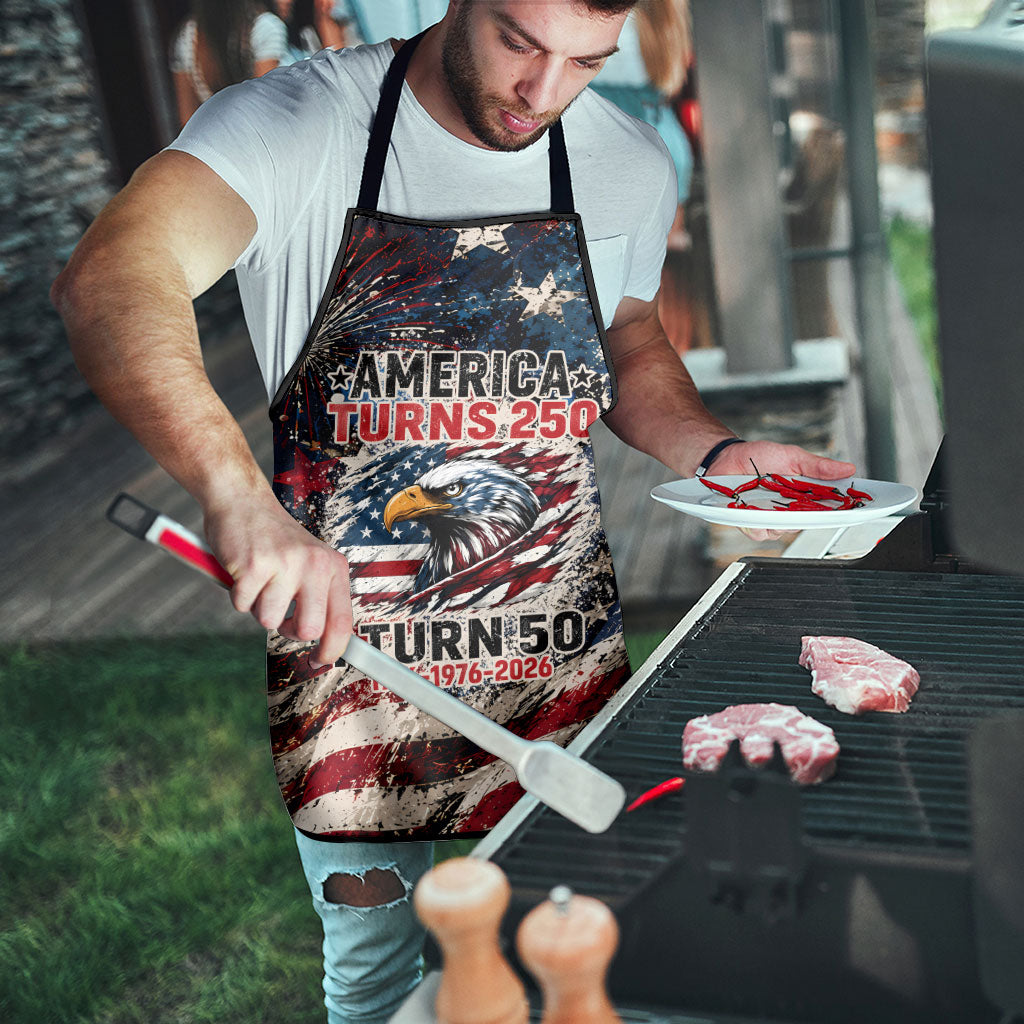 America Turns 250 Happy 50th Birthday Apron Patriotic Eagle US Flag Distressed Splatter