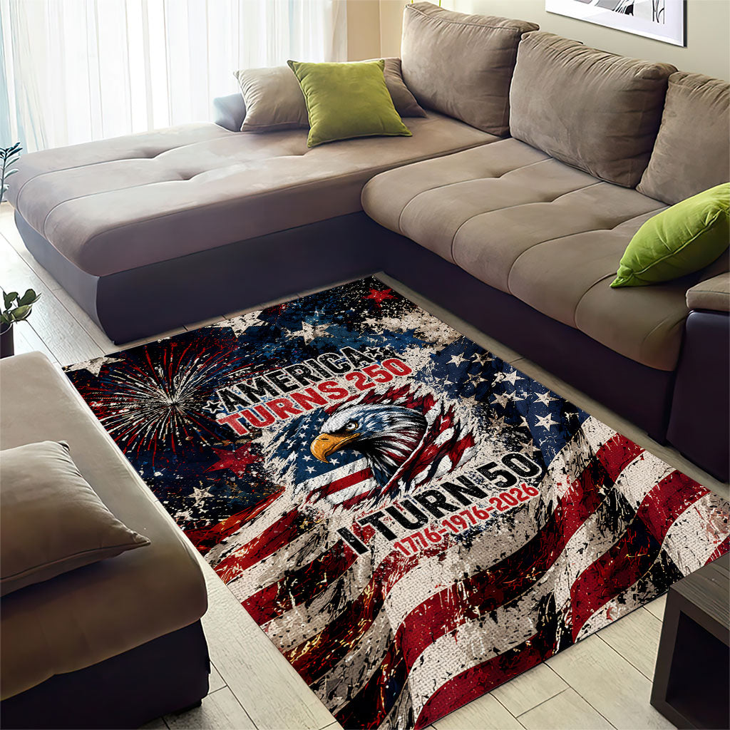 America Turns 250 Happy 50th Birthday Area Rug Patriotic Eagle US Flag Distressed Splatter