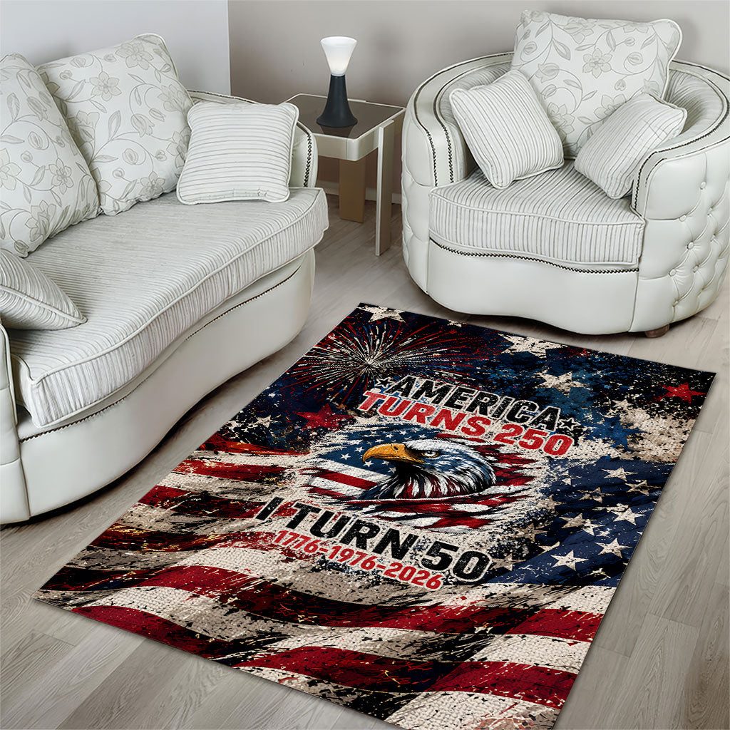 America Turns 250 Happy 50th Birthday Area Rug Patriotic Eagle US Flag Distressed Splatter