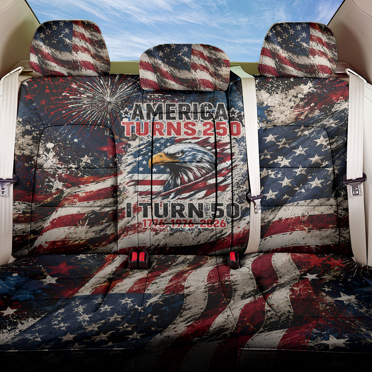 America Turns 250 Happy 50th Birthday Back Car Seat Cover Patriotic Eagle US Flag Distressed Splatter