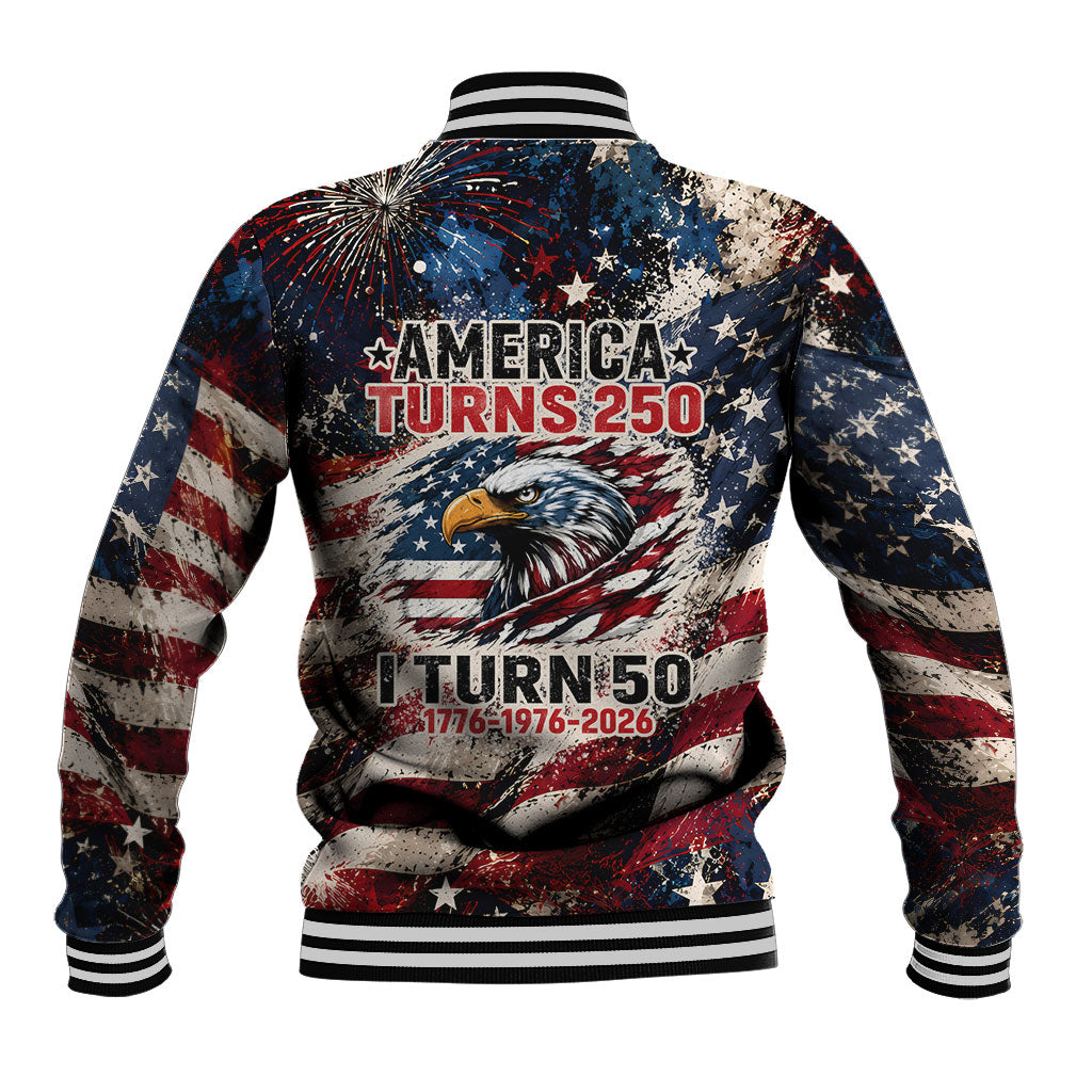 America Turns 250 Happy 50th Birthday Baseball Jacket Patriotic Eagle US Flag Distressed Splatter
