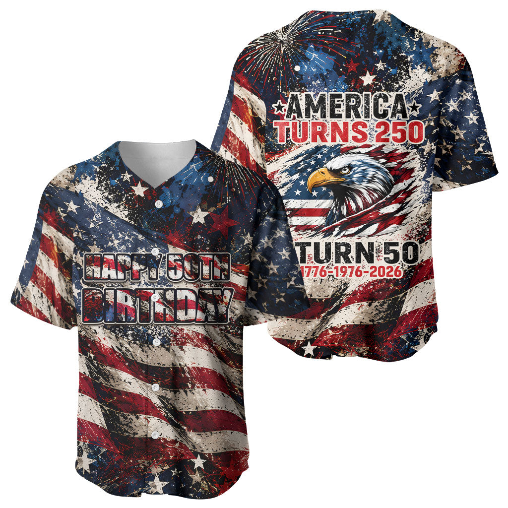 America Turns 250 Happy 50th Birthday Baseball Jersey Patriotic Eagle US Flag Distressed Splatter