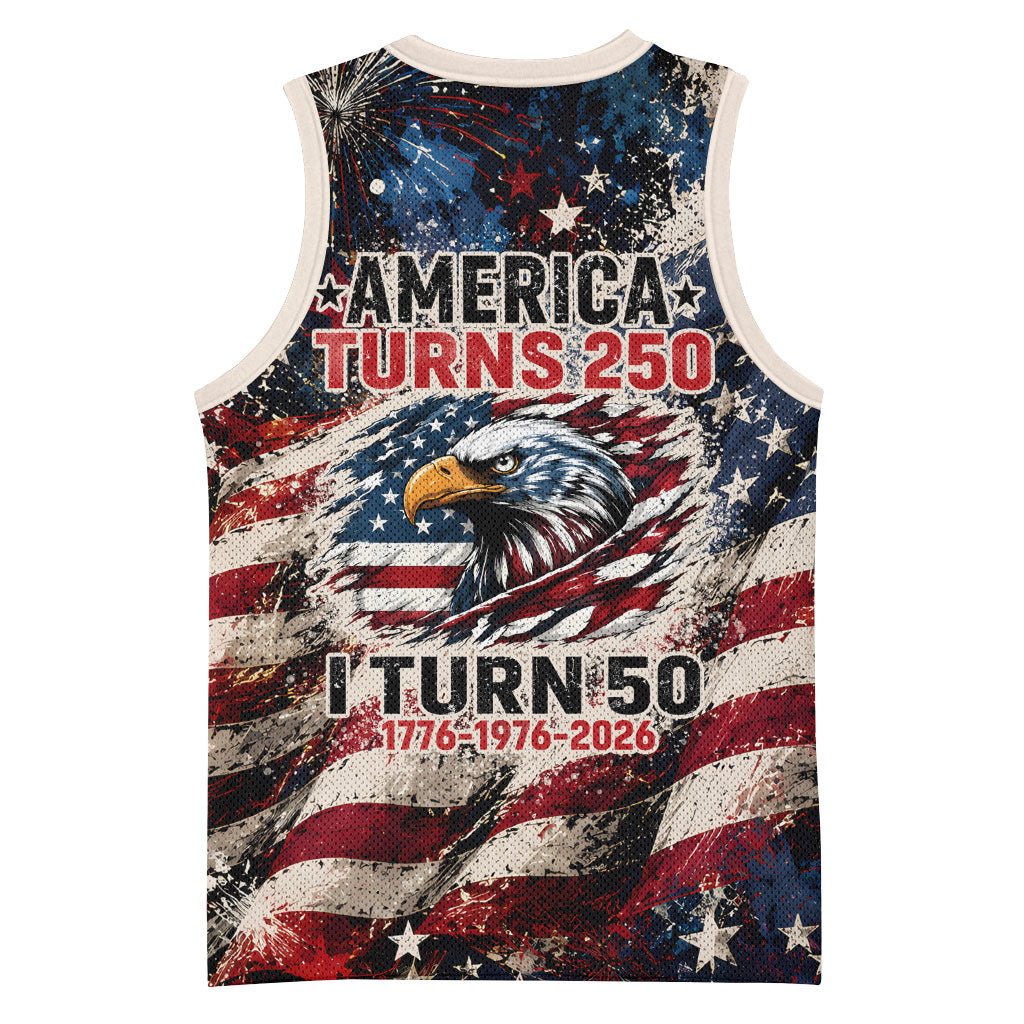 America Turns 250 Happy 50th Birthday Basketball Jersey Patriotic Eagle US Flag Distressed Splatter