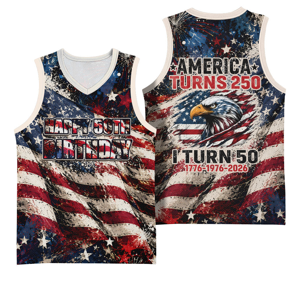 America Turns 250 Happy 50th Birthday Basketball Jersey Patriotic Eagle US Flag Distressed Splatter