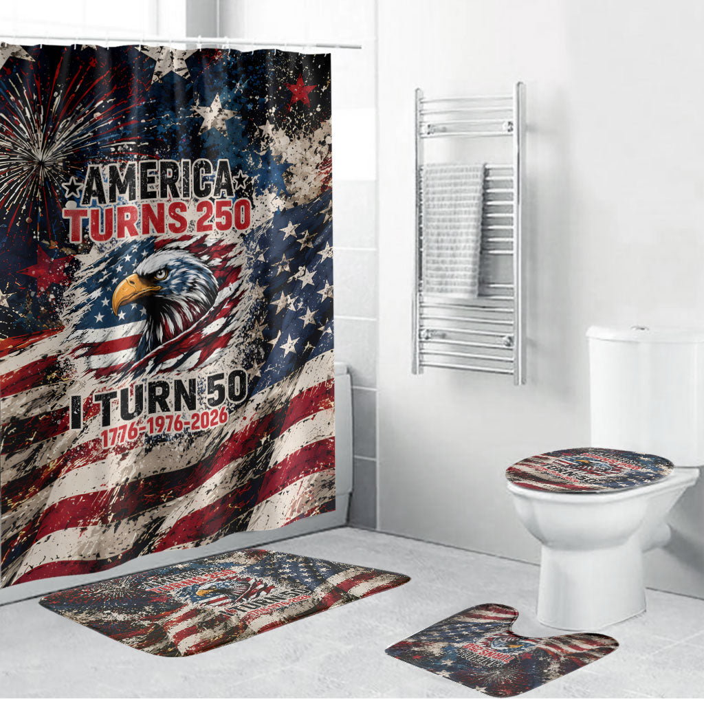 America Turns 250 Happy 50th Birthday Bathroom Set Patriotic Eagle US Flag Distressed Splatter