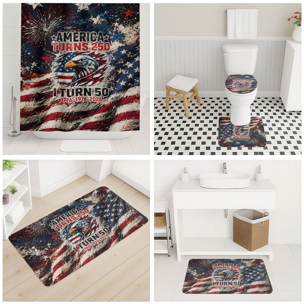 America Turns 250 Happy 50th Birthday Bathroom Set Patriotic Eagle US Flag Distressed Splatter