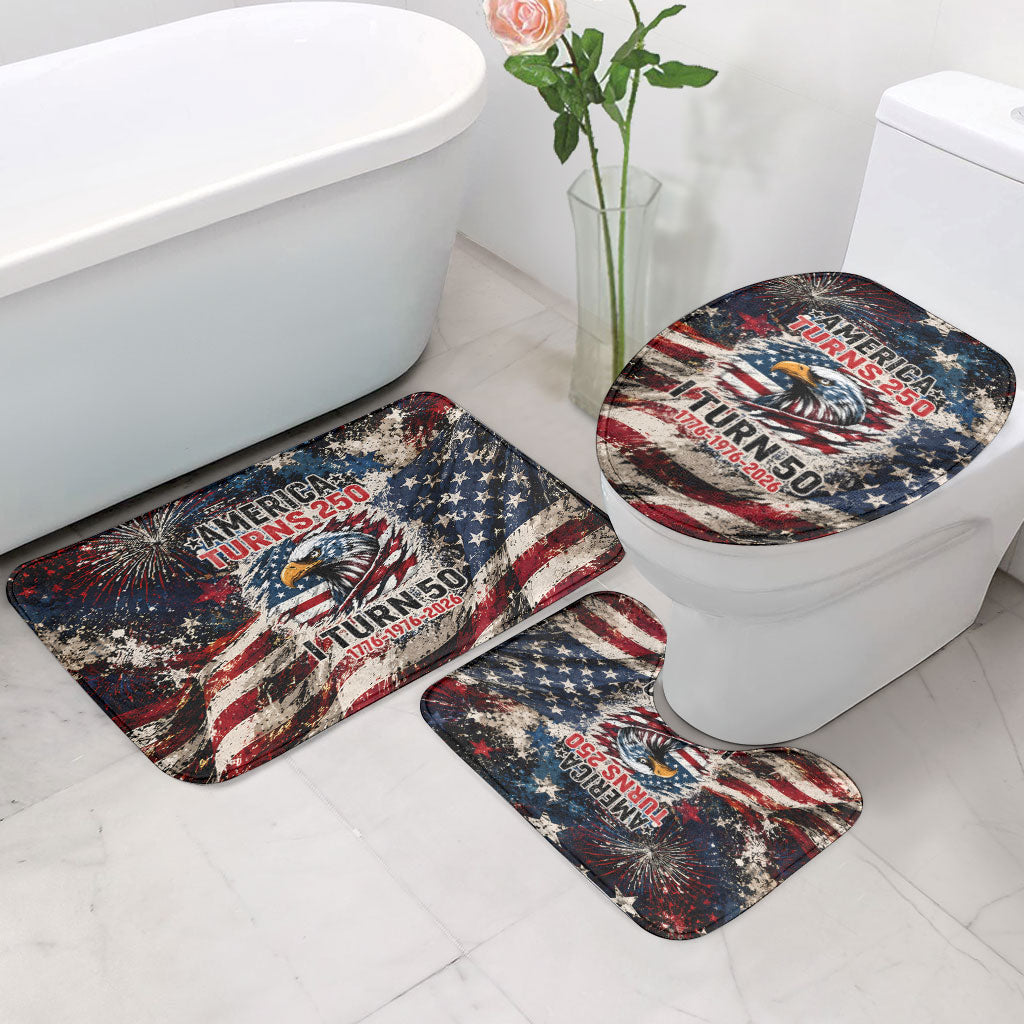 America Turns 250 Happy 50th Birthday Bathroom Set Patriotic Eagle US Flag Distressed Splatter