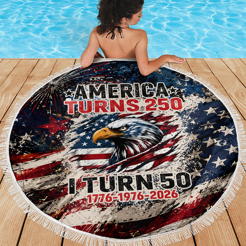 America Turns 250 Happy 50th Birthday Beach Blanket Patriotic Eagle US Flag Distressed Splatter