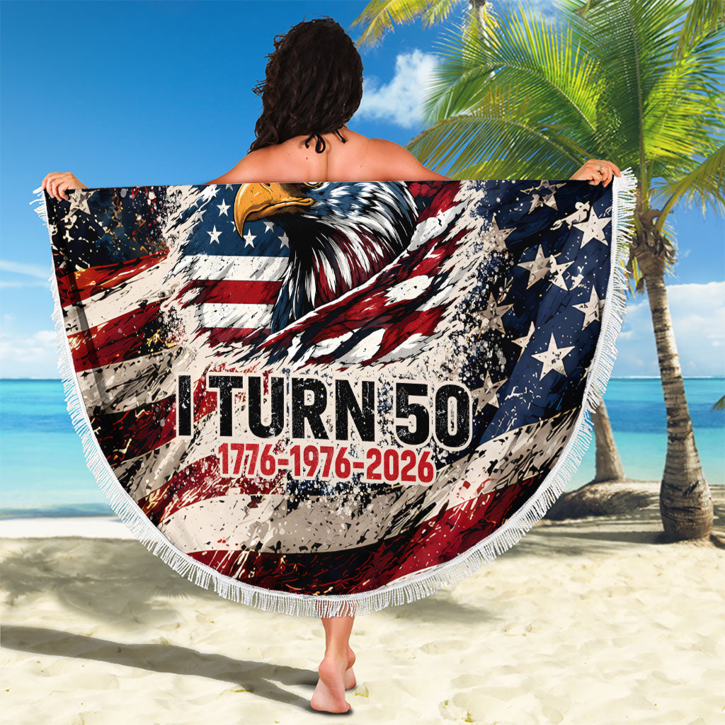 America Turns 250 Happy 50th Birthday Beach Blanket Patriotic Eagle US Flag Distressed Splatter