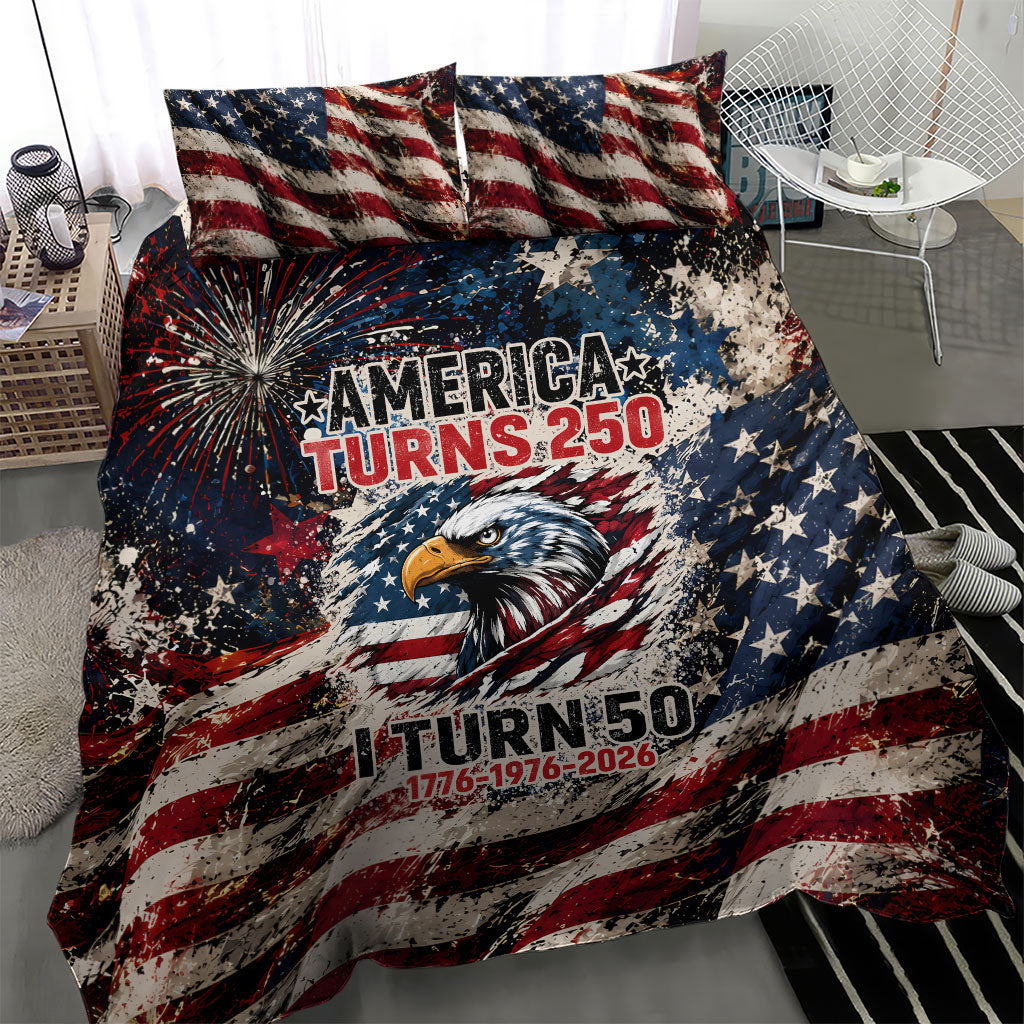 America Turns 250 Happy 50th Birthday Bedding Set Patriotic Eagle US Flag Distressed Splatter