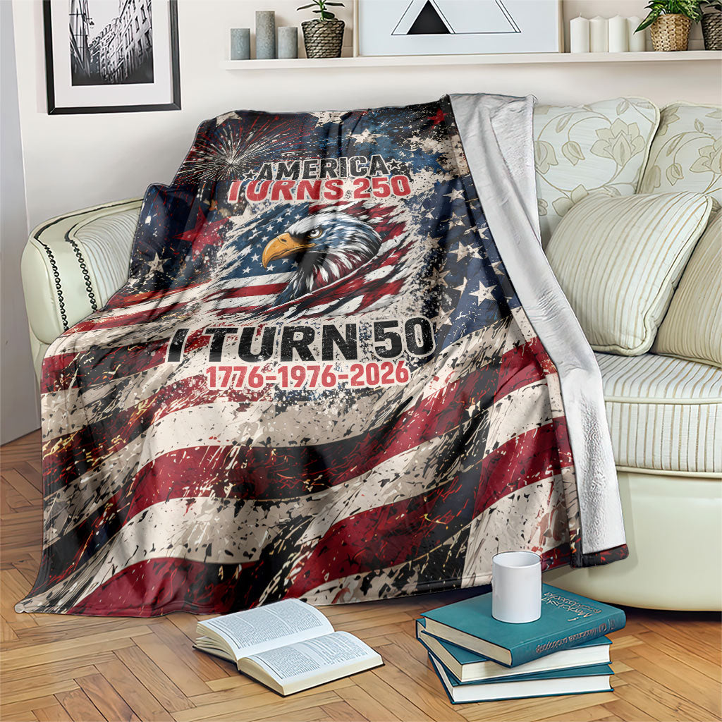 America Turns 250 Happy 50th Birthday Blanket Patriotic Eagle US Flag Distressed Splatter