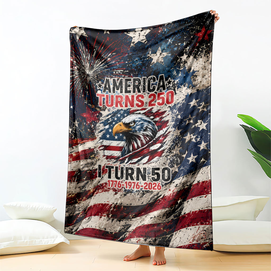 America Turns 250 Happy 50th Birthday Blanket Patriotic Eagle US Flag Distressed Splatter