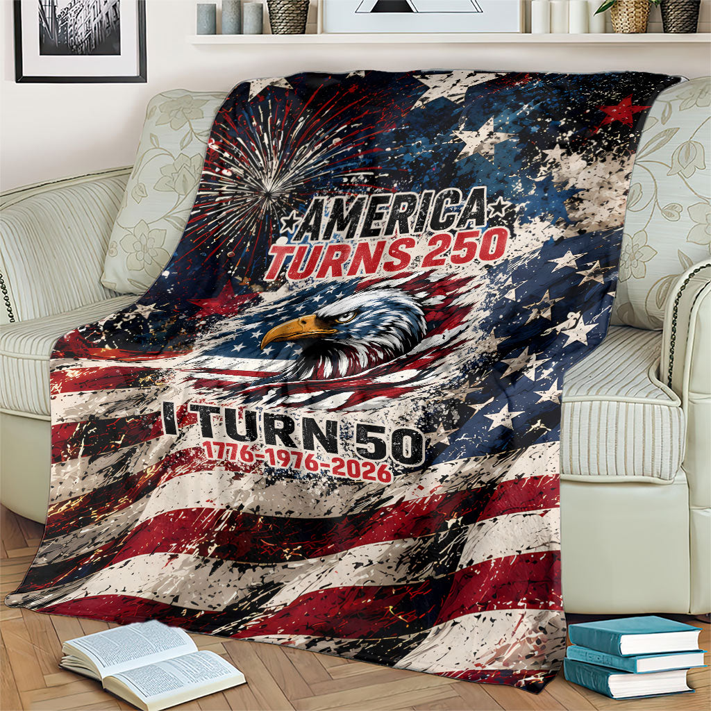 America Turns 250 Happy 50th Birthday Blanket Patriotic Eagle US Flag Distressed Splatter