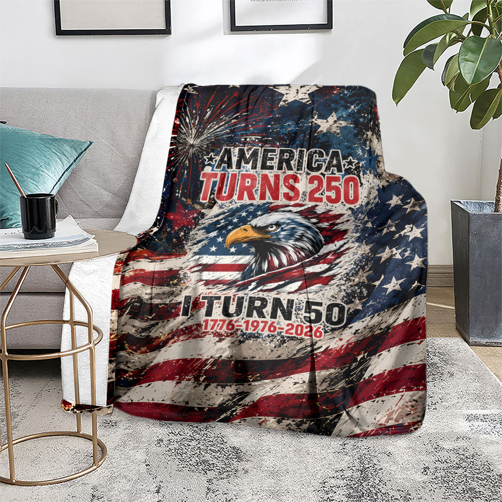 America Turns 250 Happy 50th Birthday Blanket Patriotic Eagle US Flag Distressed Splatter