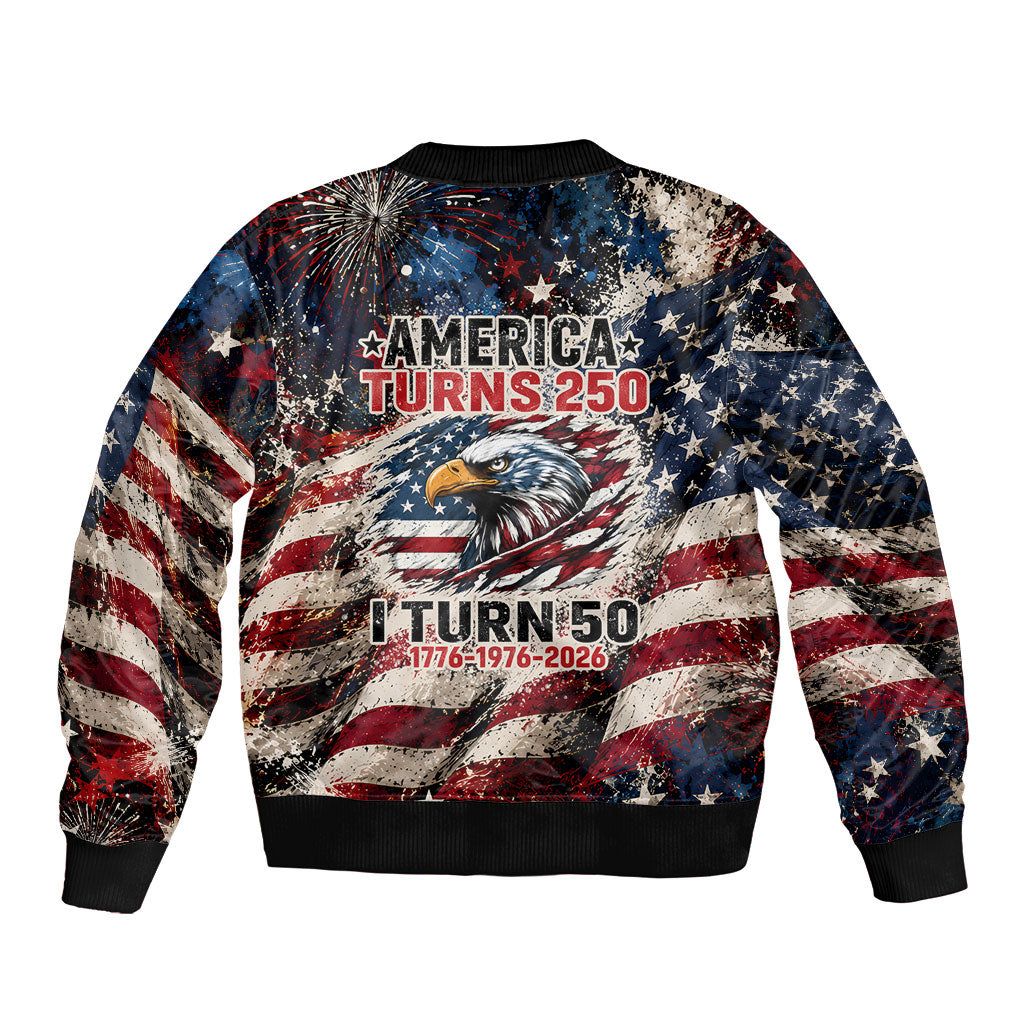 America Turns 250 Happy 50th Birthday Bomber Jacket Patriotic Eagle US Flag Distressed Splatter