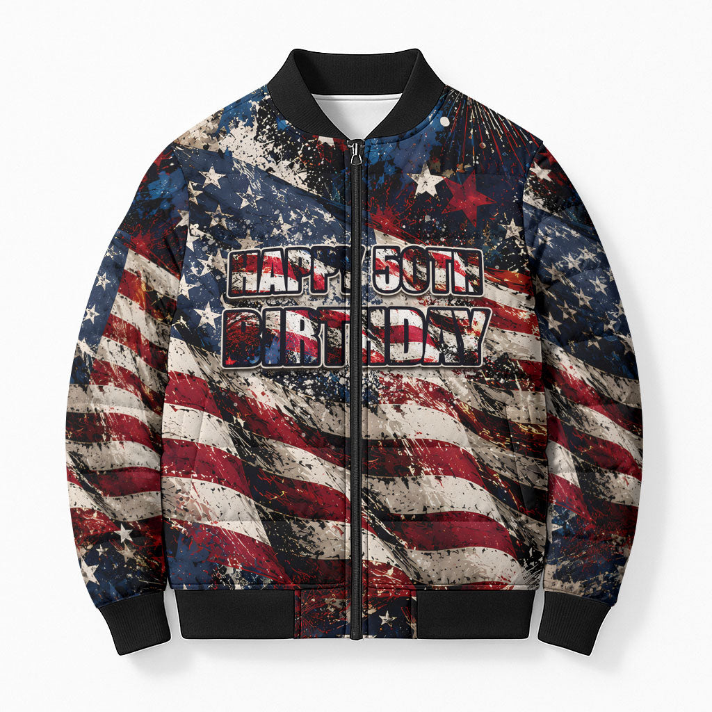 America Turns 250 Happy 50th Birthday Bomber Puffer Jacket Patriotic Eagle US Flag Distressed Splatter