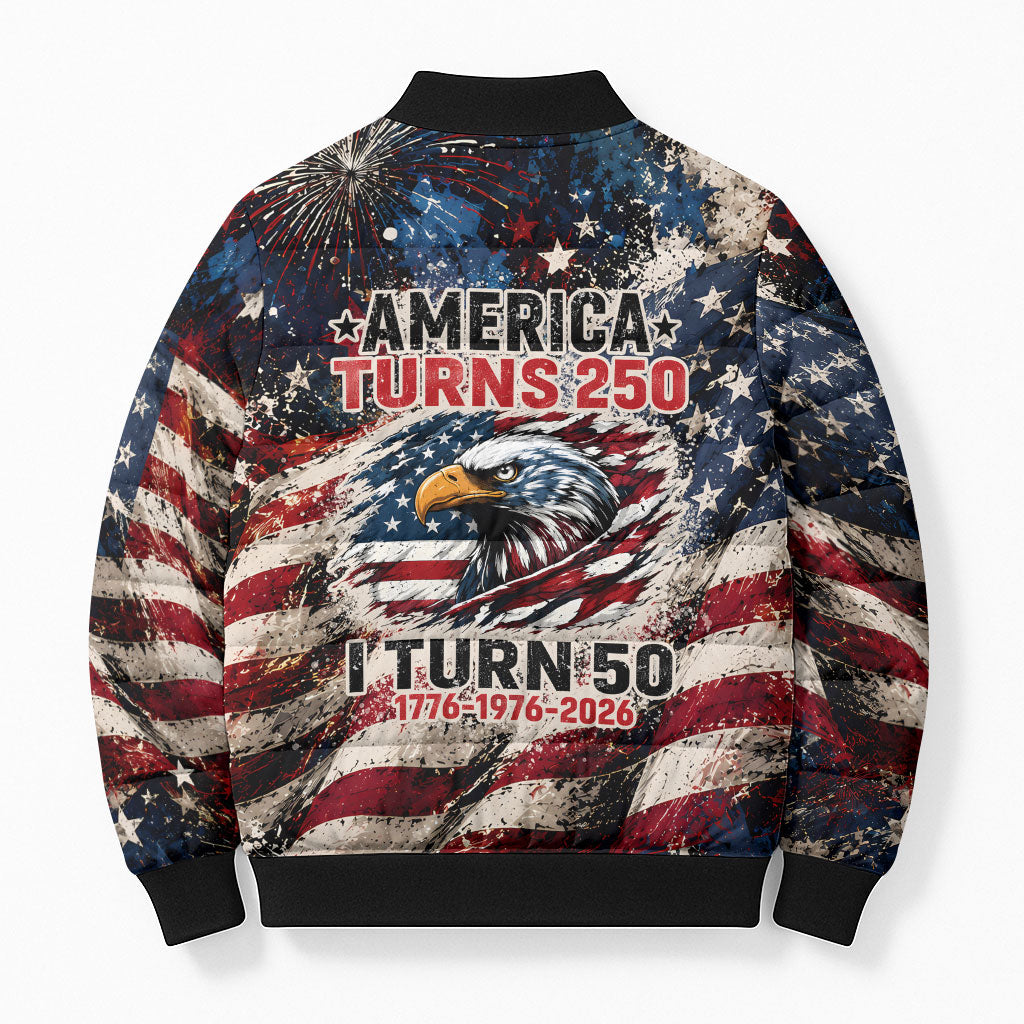 America Turns 250 Happy 50th Birthday Bomber Puffer Jacket Patriotic Eagle US Flag Distressed Splatter