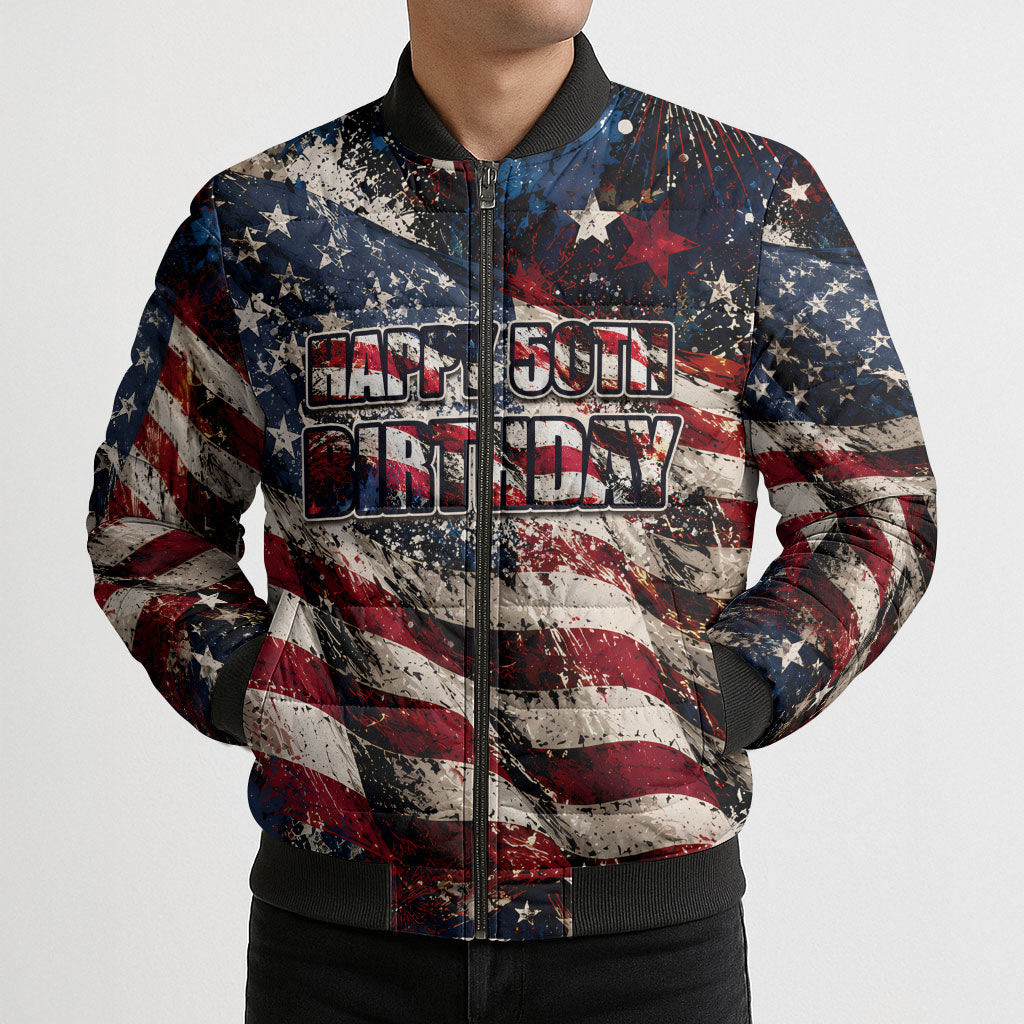 America Turns 250 Happy 50th Birthday Bomber Puffer Jacket Patriotic Eagle US Flag Distressed Splatter
