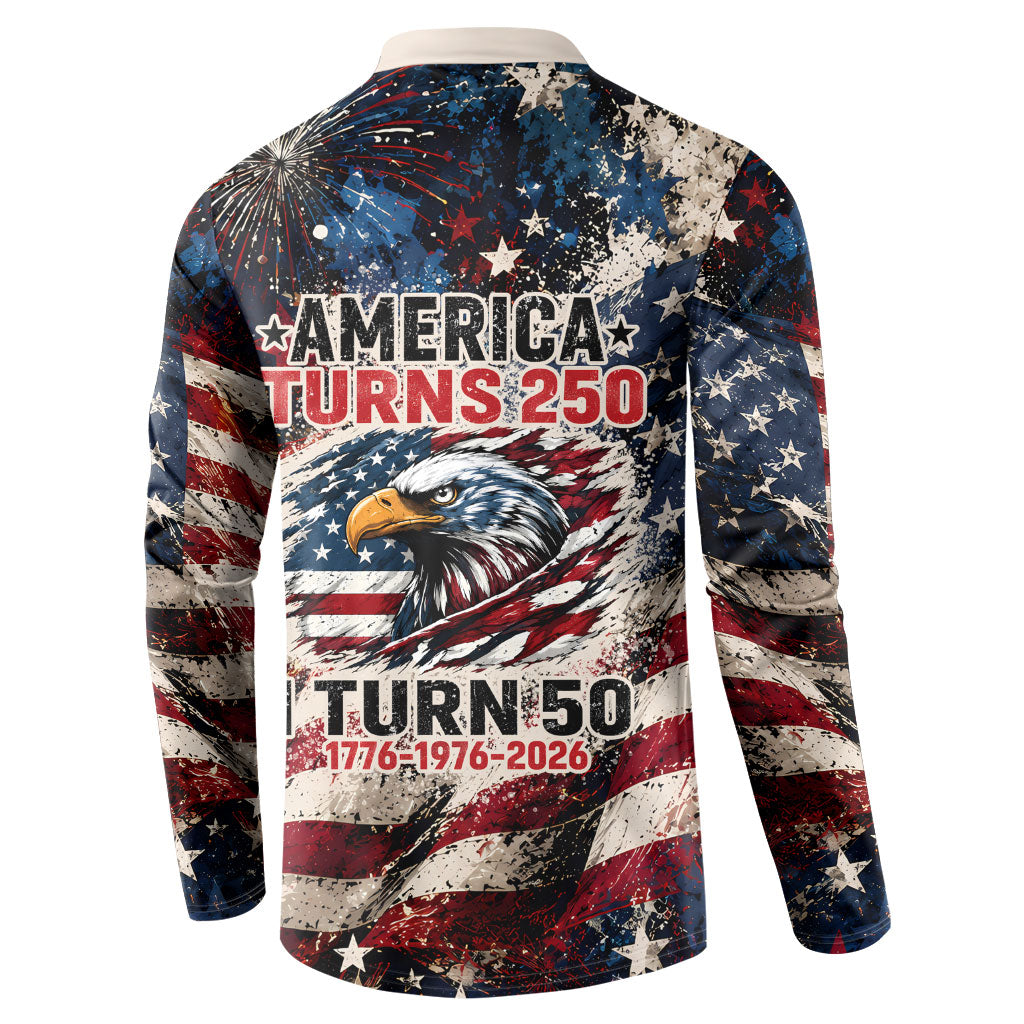 America Turns 250 Happy 50th Birthday Button Sweatshirt Patriotic Eagle US Flag Distressed Splatter