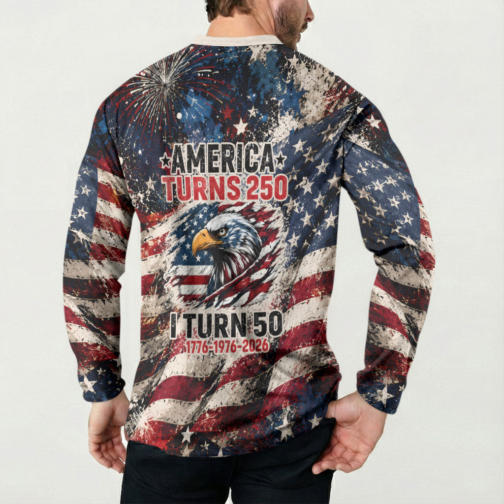 America Turns 250 Happy 50th Birthday Button Sweatshirt Patriotic Eagle US Flag Distressed Splatter