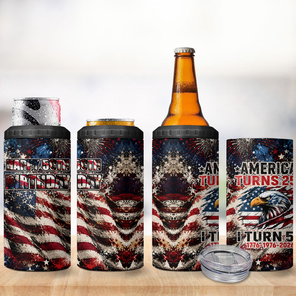 America Turns 250 Happy 50th Birthday 4 in 1 Can Cooler Tumbler Patriotic Eagle US Flag Distressed Splatter