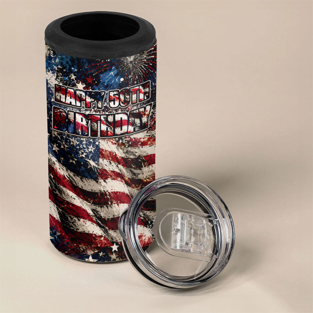 America Turns 250 Happy 50th Birthday 4 in 1 Can Cooler Tumbler Patriotic Eagle US Flag Distressed Splatter