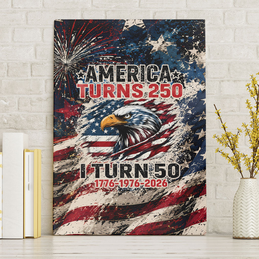 America Turns 250 Happy 50th Birthday Canvas Wall Art Patriotic Eagle US Flag Distressed Splatter
