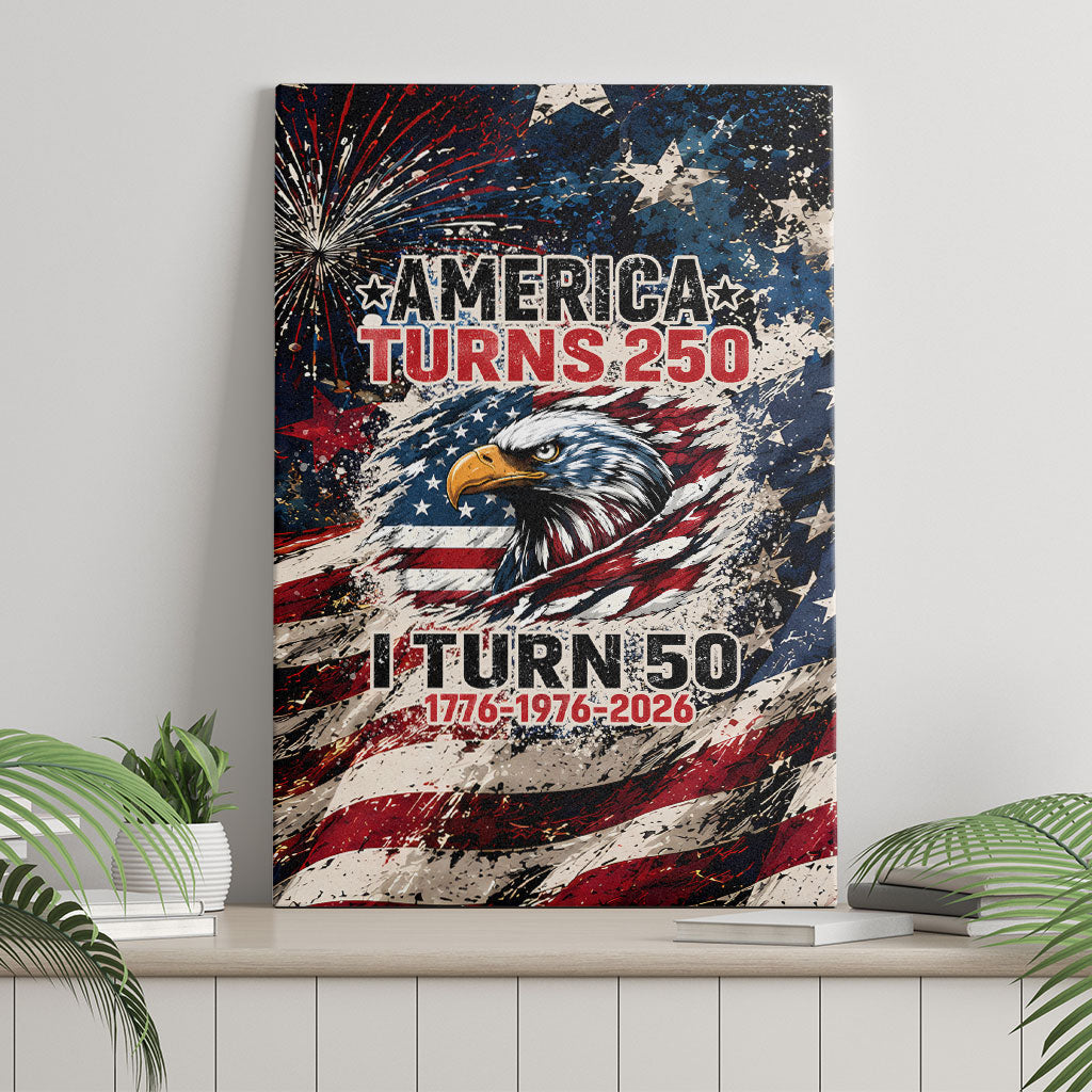 America Turns 250 Happy 50th Birthday Canvas Wall Art Patriotic Eagle US Flag Distressed Splatter