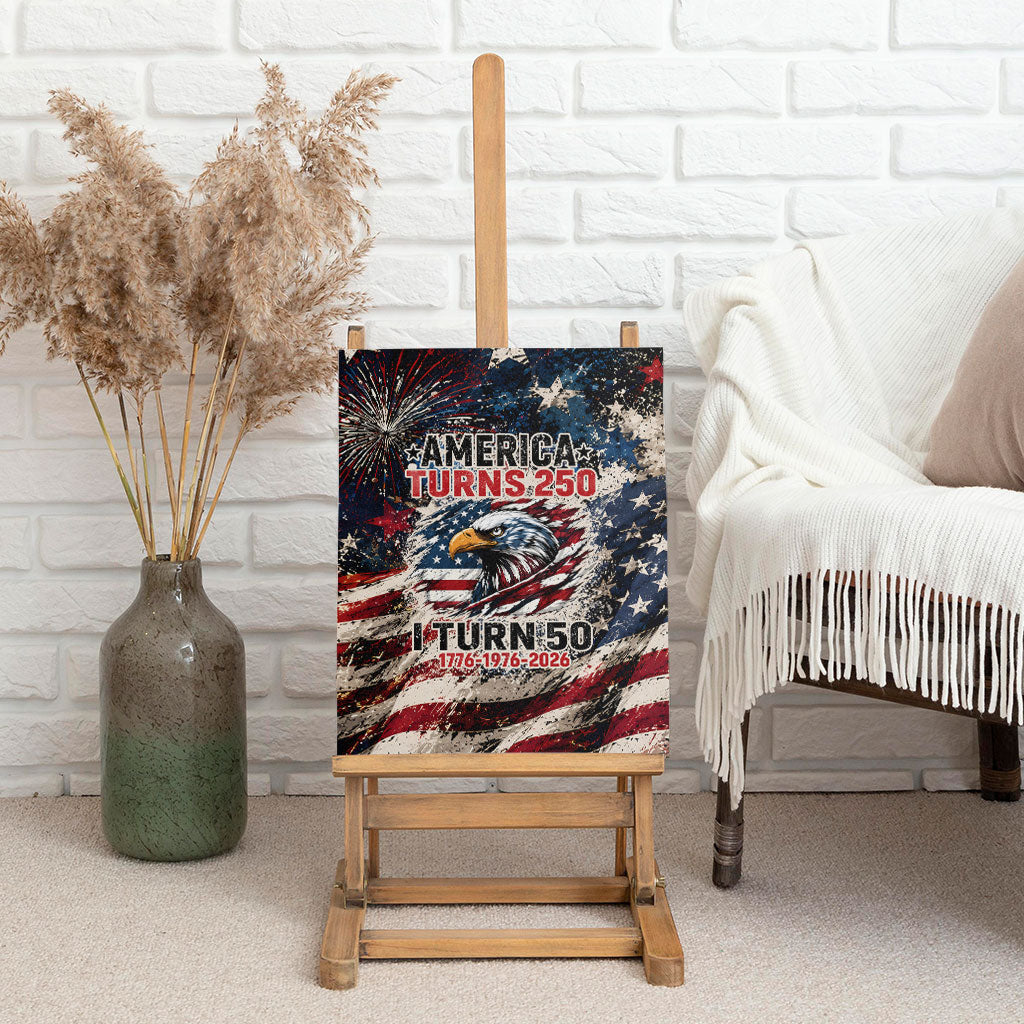 America Turns 250 Happy 50th Birthday Canvas Wall Art Patriotic Eagle US Flag Distressed Splatter