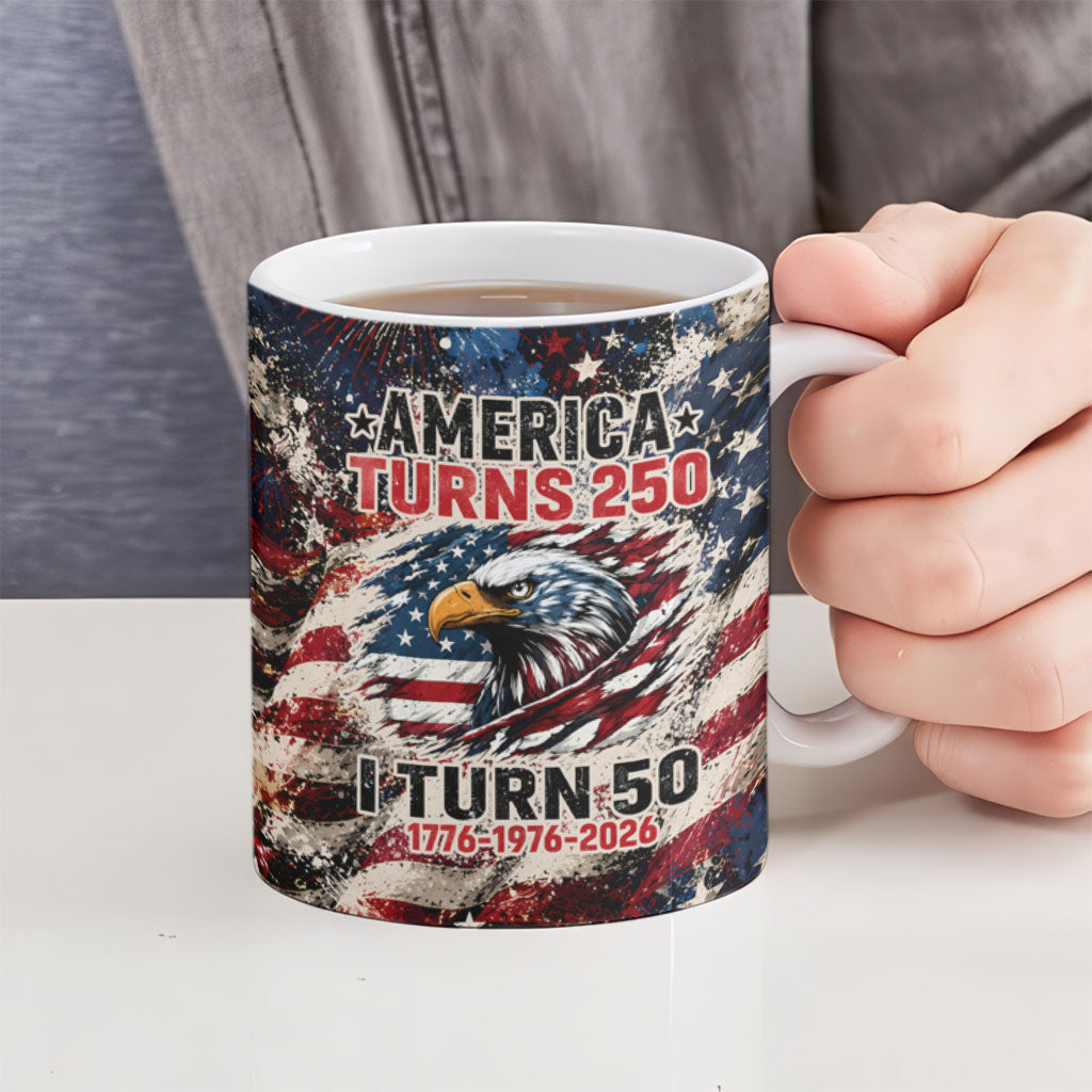 America Turns 250 Happy 50th Birthday Ceramic Mug Patriotic Eagle US Flag Distressed Splatter