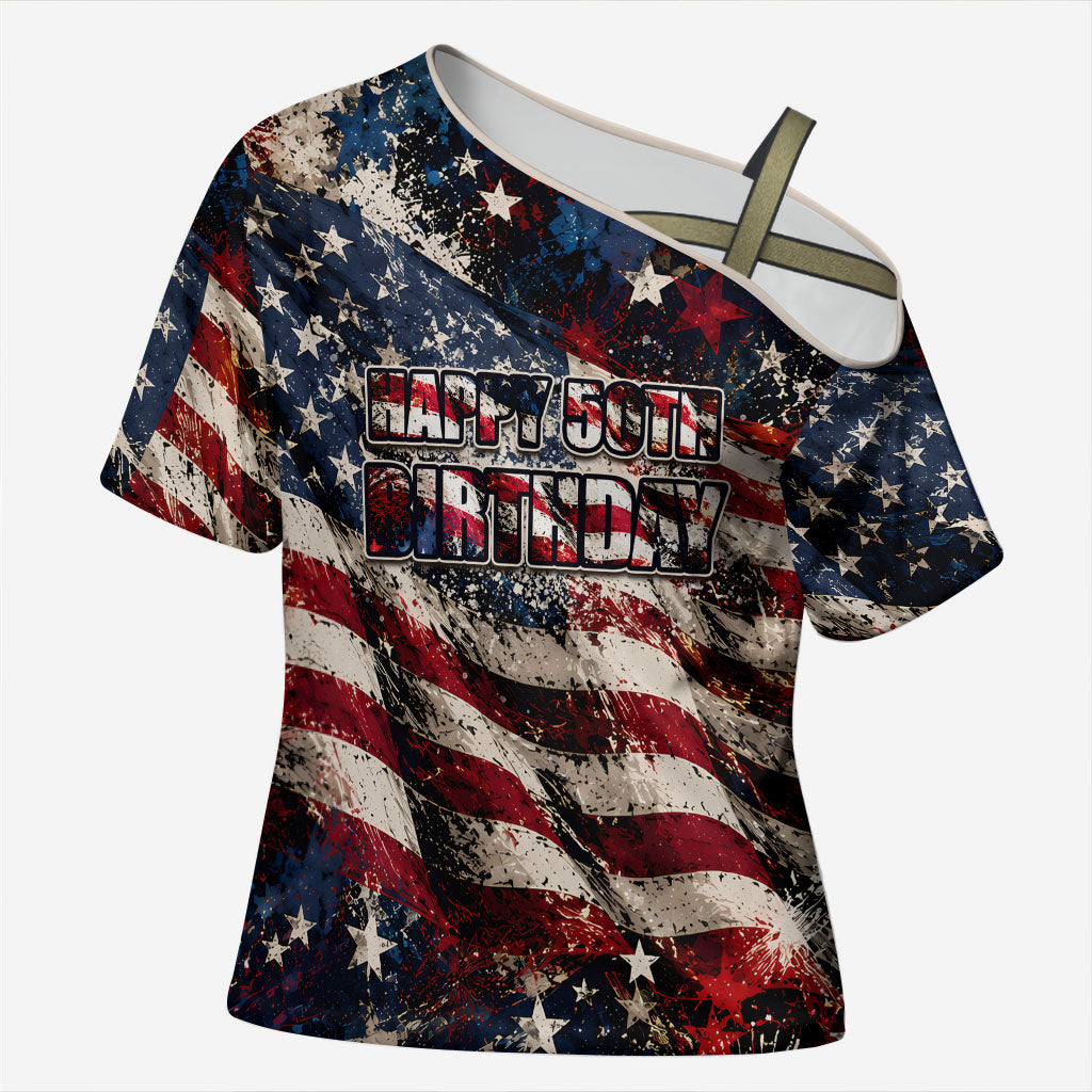 America Turns 250 Happy 50th Birthday Cross Shoulder Shirt Patriotic Eagle US Flag Distressed Splatter