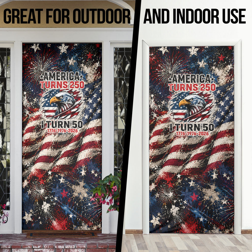 America Turns 250 Happy 50th Birthday Door Cover Patriotic Eagle US Flag Distressed Splatter
