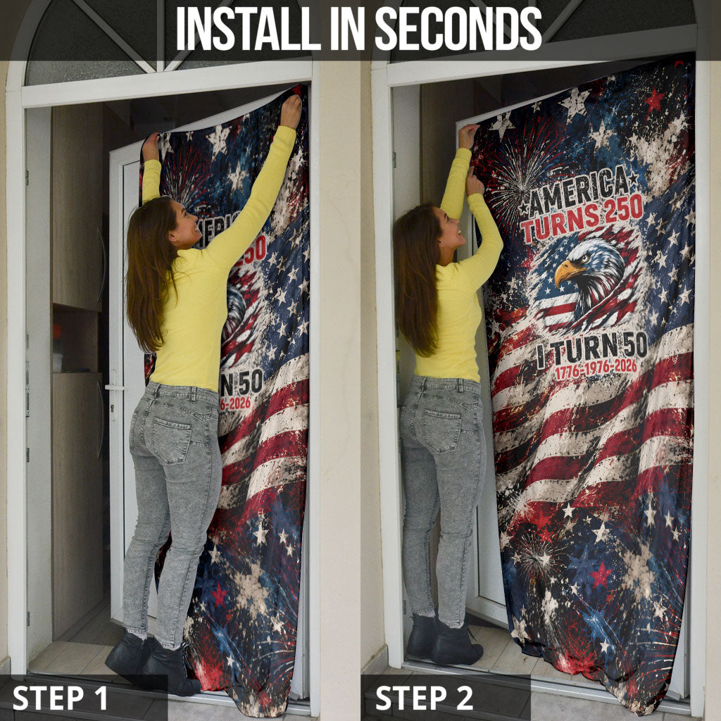 America Turns 250 Happy 50th Birthday Door Cover Patriotic Eagle US Flag Distressed Splatter