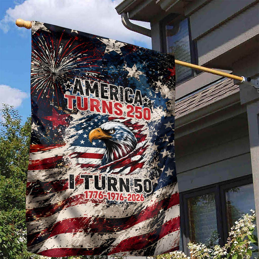 America Turns 250 Happy 50th Birthday Garden Flag Patriotic Eagle US Flag Distressed Splatter