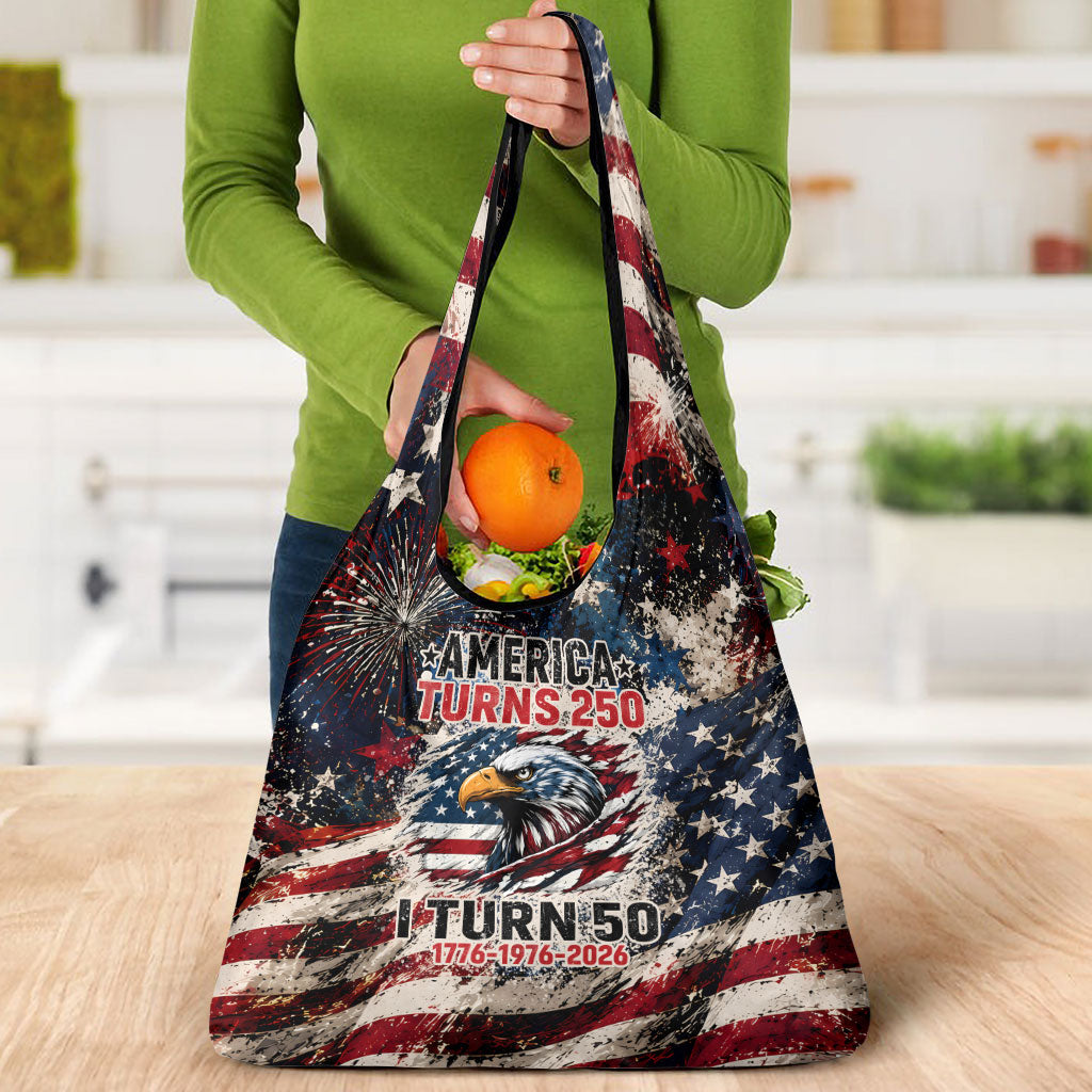 America Turns 250 Happy 50th Birthday Grocery Bag Patriotic Eagle US Flag Distressed Splatter