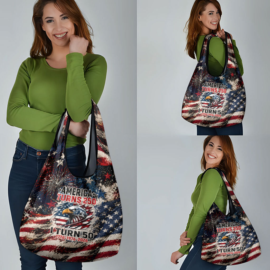America Turns 250 Happy 50th Birthday Grocery Bag Patriotic Eagle US Flag Distressed Splatter