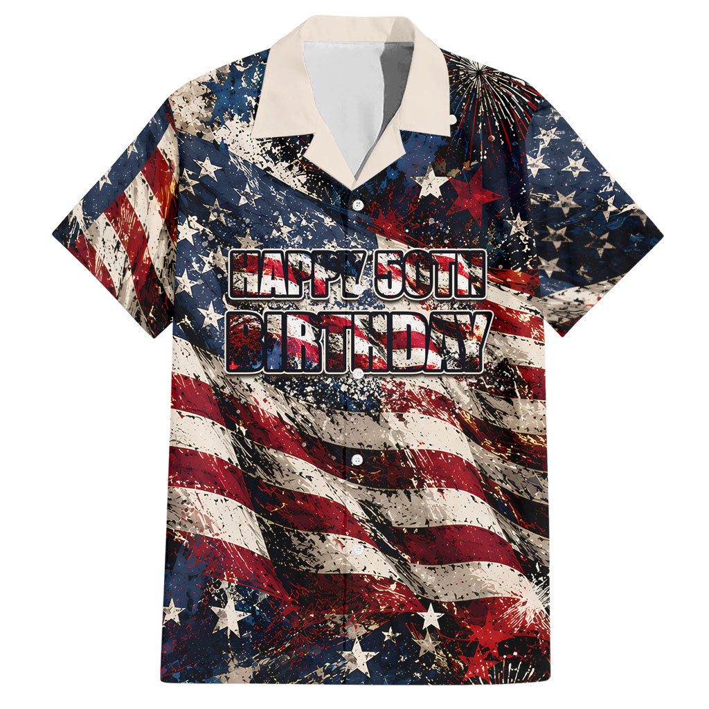 America Turns 250 Happy 50th Birthday Hawaiian Shirt Patriotic Eagle US Flag Distressed Splatter