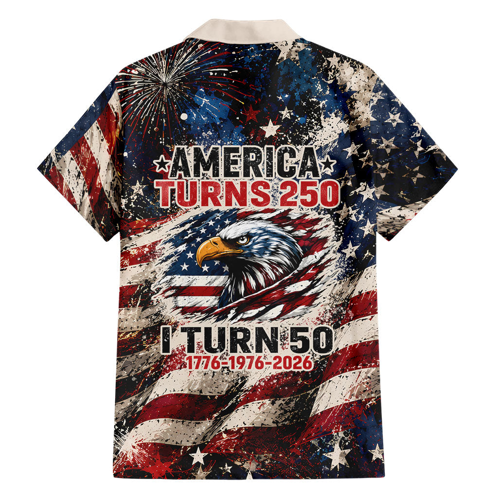 America Turns 250 Happy 50th Birthday Hawaiian Shirt Patriotic Eagle US Flag Distressed Splatter