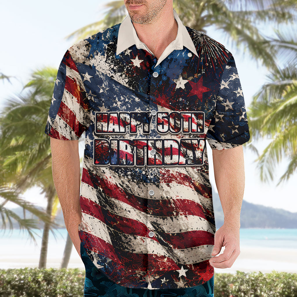 America Turns 250 Happy 50th Birthday Hawaiian Shirt Patriotic Eagle US Flag Distressed Splatter